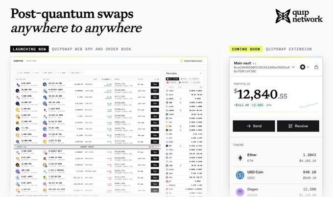 A Quip Network promotional image advertising 'Post-quantum swaps anywhere to anywhere' featuring screenshots of the QuipSwap web app and extension.