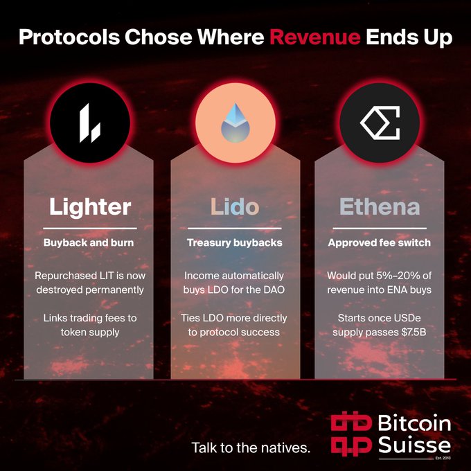 An infographic titled "Protocols Choose Where Revenue Ends Up" compares Lighter (Buyback and burn), Lido (Treasury buybacks), and Ethena (Approved fee switch), credited to Bitcoin Suisse.