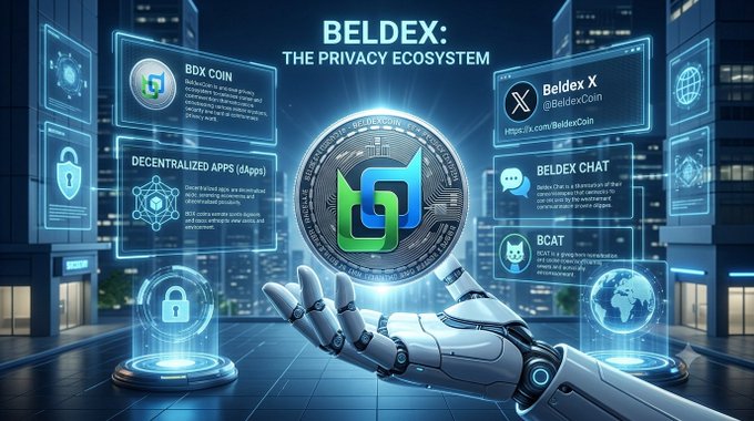 A promotional graphic for 'BELDEX: THE PRIVACY ECOSYSTEM' featuring a robotic hand holding the BDX coin, with surrounding panels highlighting Beldex X, Beldex Chat, BCAT, and Decentralized Apps (dApps).