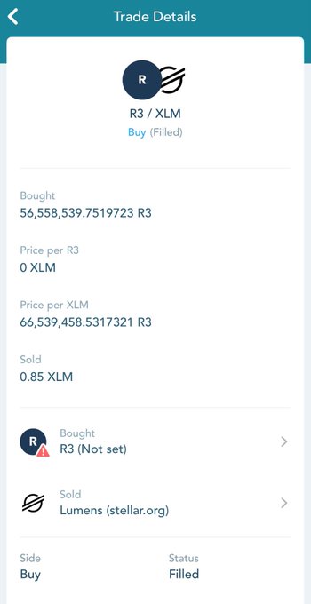 A mobile app screenshot showing trade details for a filled buy order on the R3/XLM trading pair, with 56,558,539.7519723 R3 bought at 66,539,458.5317321 R3 per XLM, totaling 0.85 XLM sold.