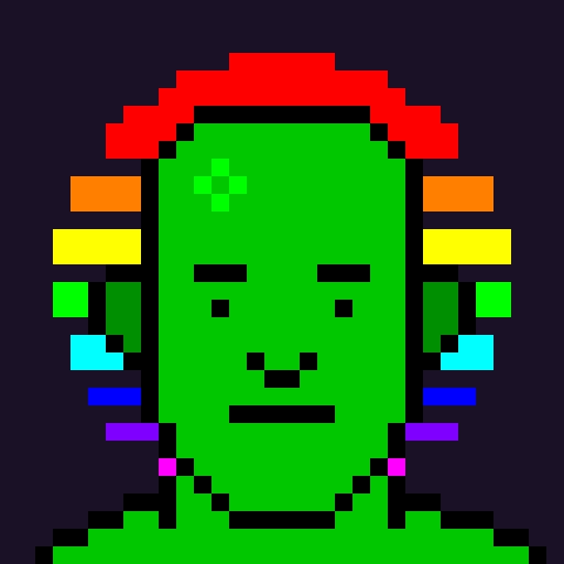 A pixel art portrait of a green-skinned character with a red head covering and brightly colored, rainbow-striped hair accessories.