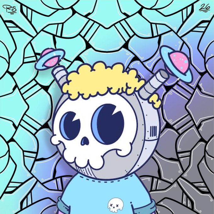 A colorful cartoon illustration of a skull-headed character with yellow curly hair, robotic antennae with pink rings, wearing a light blue shirt, set against a mosaic-like teal and purple background.