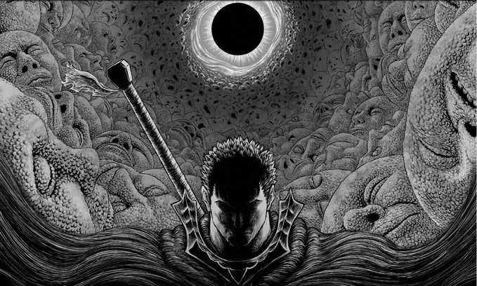 A dark manga-style illustration of a warrior with a spiked crown and sword facing a solar eclipse with swirling faces around them.
