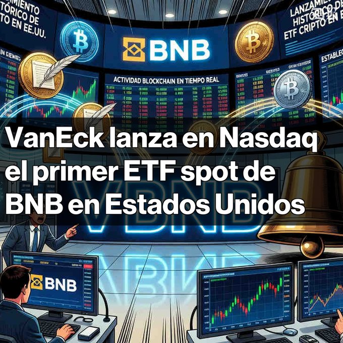 The image shows a scene of stock trading with four monitors, two men sitting at desks, working on their computers while looking at various screens displaying stock graphs and price data. The men are wearing business attire, indicating that they might be financial analysts or traders who work for Binance or other cryptocurrency exchanges. There is also text in the image related to an ETF or mutual fund with a value of 0.39% per month, which suggests that these individuals may be tracking certain financial products offered by these institutions. They are actively involved in monitoring and managing these funds as part of their job responsibilities.