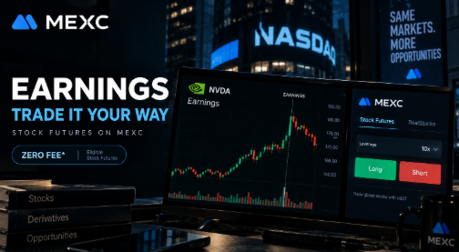 Promotional banner for MEXC advertising 'EARNINGS TRADE IT YOUR WAY' with 'ZERO FEE' for Stock Futures, showing a trading interface with NVDA and a Nasdaq stock chart in the background.