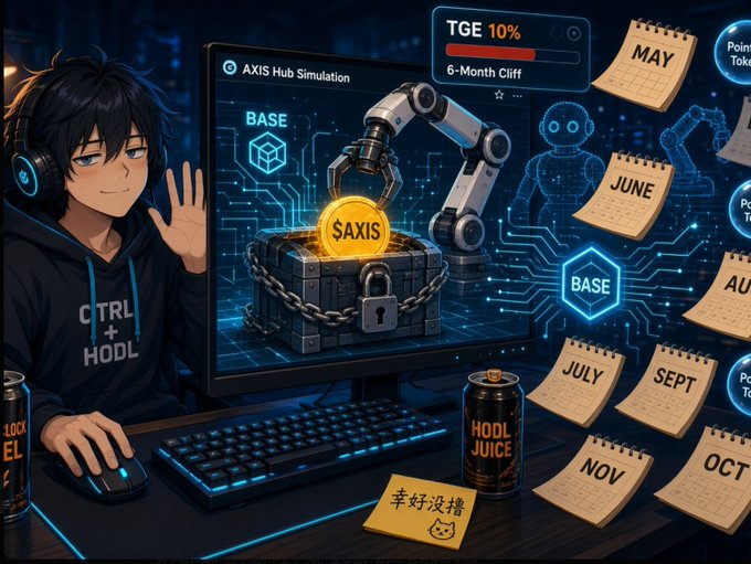 An anime-style character wearing a "CTRL + HODL" hoodie sits at a gaming setup with energy drinks ("HODL JUICE" and "BLOCK ELS"), making an "OK" gesture in front of a monitor displaying the "AXIS Hub Simulation" with a robotic arm grabbing a "$AXIS" token from a locked chest, alongside a "TGE 10% 6-Month Cliff" warning and Base blockchain logos, with calendar pages from May through November pinned to the right side.

The image visually satirizes the Axis Robotics airdrop structure: the chained/locked "$AXIS" chest and the "TGE 10% / 6-Month Cliff" label illustrate the vesting reality, while the robotic arm clamping the token and the "Points 只是贡献记录" disclaimer reflect the post's complaint that users grind mechanical-arm tasks for points that offer no guaranteed allocation or payoff.