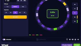 A roulette wheel interface labeled 'Wheel' showing a 1.00x multiplier and $6.40 amount, with difficulty buttons and betting options.