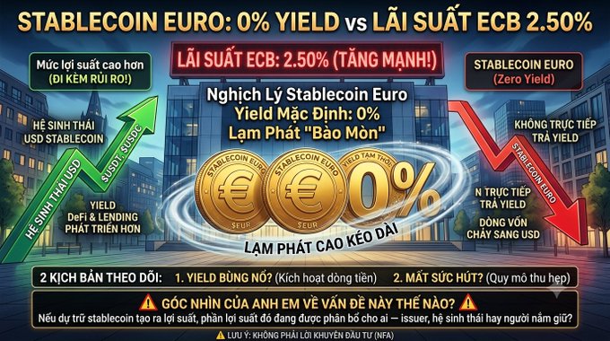An infographic in Vietnamese comparing Euro Stablecoin's 0% yield versus ECB's 2.50% interest rate, highlighting the paradox of zero yield amid inflation and two scenarios: yield explosion or liquidity loss.