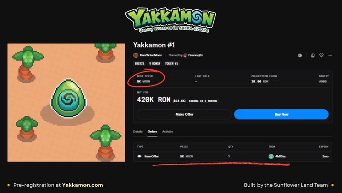 A pixel-art green Yakkamon Egg is listed on a marketplace for a "Best Offer" of "5K RON," with a "Buy Now" price of 420K RON ($24.6K, ending in 3 months). The image highlights the current 5K RON offer, matching the post's discussion about whether to sell or hold the Yakkamon #1 egg until its reveal.