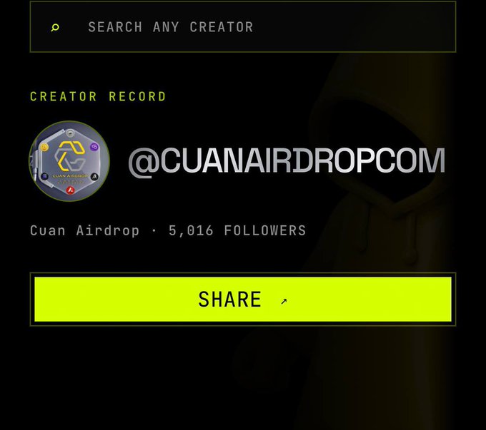 Creator profile page for @cuanairdropcom showing 'Cuan Airdrop' with 5,016 followers and a yellow 'SHARE' button.