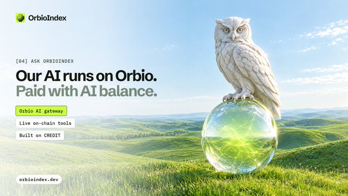 A promotional banner for OrbioIndex displaying an owl perched on a glowing green sphere in a grassy landscape, with text reading 'Our AI runs on Orbio. Paid with AI balance.'