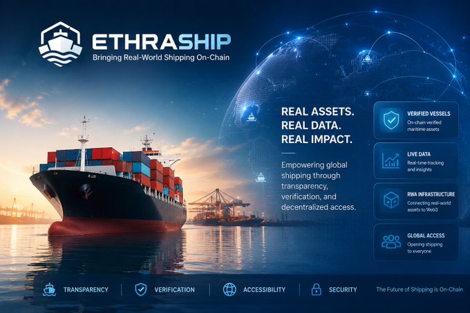 A promotional banner for "ETHRASHIP - Bringing Real-World Shipping On-Chain" featuring a large container ship at a port, highlighting features like verified vessels, live data, RWA infrastructure, and global access, with the tagline "Real Assets. Real Data. Real Impact." and emphasizing transparency, verification, accessibility, and security to align with the post's theme of making the traditionally opaque shipping industry visible and accessible through blockchain technology.