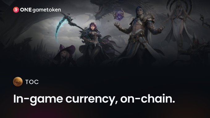 A promotional banner for "ONE gametoken" featuring dark fantasy artwork of multiple characters including warriors and mages, with text reading "TOC - In-game currency, on-chain."