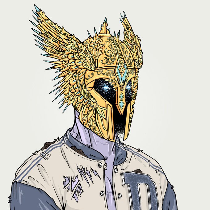 A digital illustration of a mysterious figure wearing an ornate golden helmet with wing-like decorations and a starry/galaxy pattern in the visor, dressed in a worn white and gray varsity-style jacket.