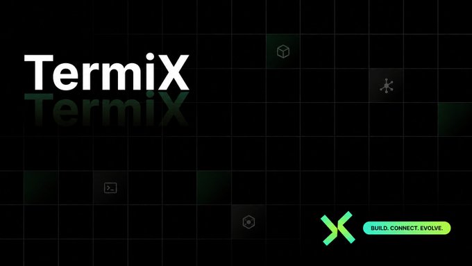 A dark promotional banner for "TermiX" with the tagline "BUILD. CONNECT. EVOLVE." and a green X logo.