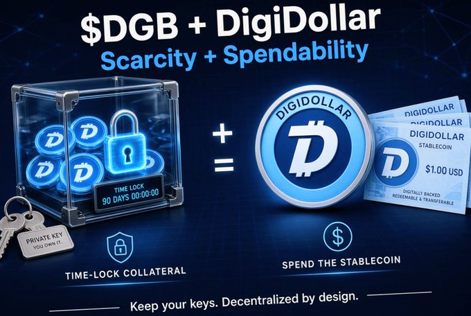 A promotional graphic for '$DGB + DigiDollar' highlighting 'Scarcity + Spendability,' showing time-locked collateral DGB coins combined with DigiDollar stablecoins, with the tagline 'Keep your keys. Decentralized by design.'
