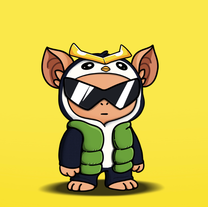 A cartoon character wearing a penguin costume with goggles on its head, sunglasses, and a green vest on a yellow background.
