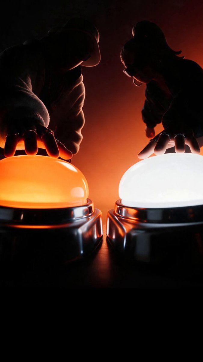 Two silhouetted figures hover their hands over glowing orange and white prediction buttons, symbolizing the anticipation and choice behind ByPicks' upcoming launch.