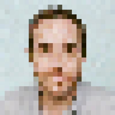 A pixelated portrait of a figure with brown hair against a light blue background, rendered in blocky digital art style. The image appears to represent a Marfa Resident artwork being teased as part of an upcoming Art Blocks x OpenSea collaboration with artist Travis LeRoy.