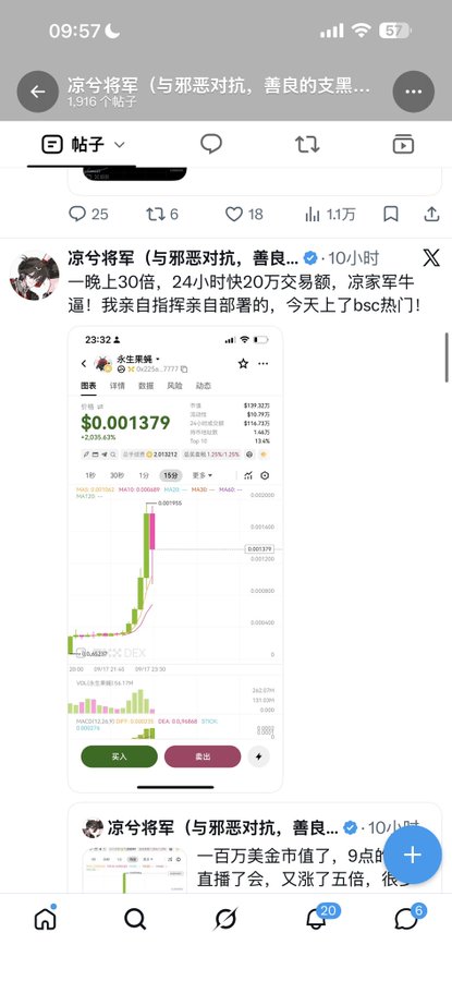 A screenshot of a Chinese social media post by user "凉兮将军" showing a crypto trading chart of a token called "生生果糖" (SSF) on DEX, displaying a price of $0.001379 with a +203.63% gain. The post celebrates pumping this 24-hour contract and boasts about launching it on BSC, visually supporting the accompanying narrative about Liang Xi pivoting from leveraged futures trading to launching his own coins for quick profits.