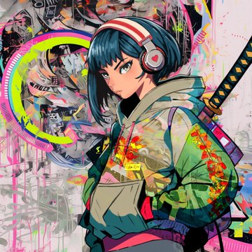 A vibrant, colorful anime-style digital illustration of a girl with blue hair wearing headphones, a camo jacket, and carrying a katana.