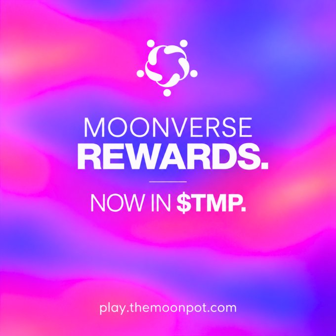 A vibrant pink and purple gradient promotional graphic for "MOONVERSE REWARDS" featuring a globe logo with surrounding dots, announcing rewards now available in $TMP at play.themoonpot.com.