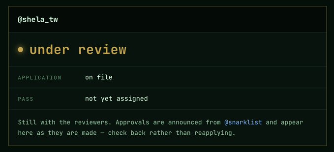 A dark-themed status page for @shela_tw indicating the application is "under review," "on file," and that a pass is "not yet assigned."
