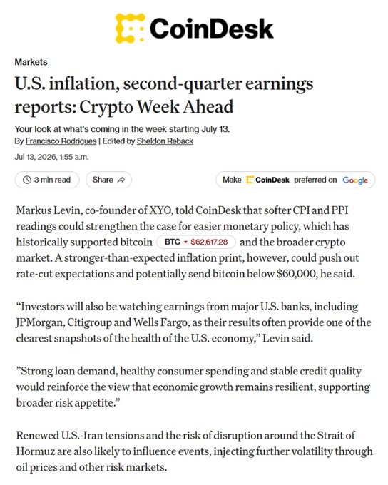 A CoinDesk article titled 'U.S. inflation, second-quarter earnings reports: Crypto Week Ahead' by Francisco Rodrigues, discussing softer CPI and PPI readings, major U.S. bank earnings, and Bitcoin (BTC) trading around $62,617.28.