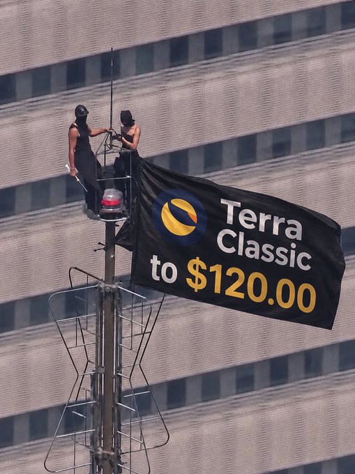 Two protesters hang a black banner reading 'Terra Classic to $120.00' with a logo, from atop a tall pole against a skyscraper backdrop.