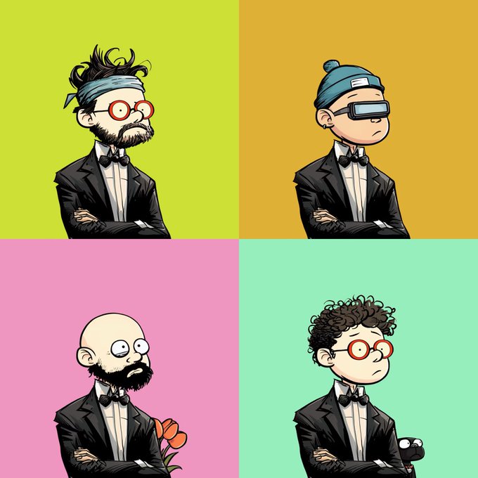 A four-panel cartoon illustration featuring stylized men in suits and bow ties, each with distinct hairstyles, glasses, and headwear against brightly colored backgrounds of green, orange, pink, and teal.