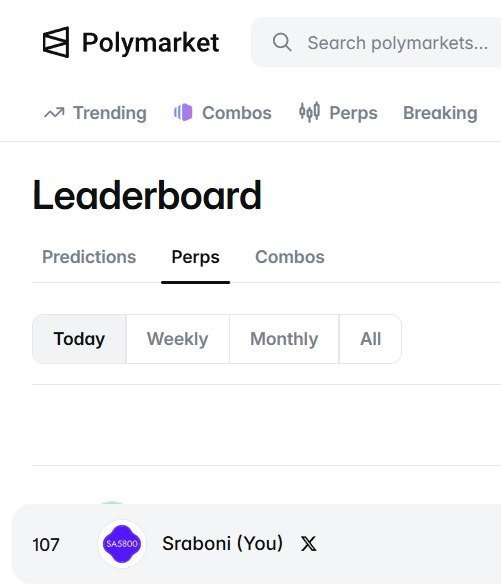 A screenshot of the Polymarket website showing a Leaderboard page with tabs for Trending, Combos, Perps, and Breaking, displaying user 'Sraboni (You)' at rank 107.