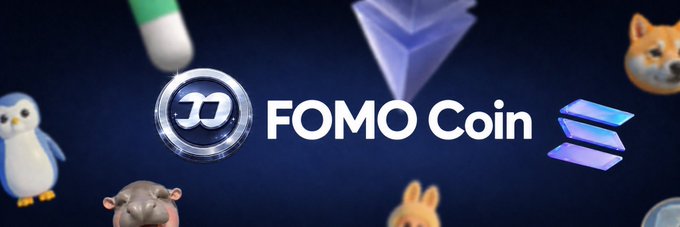 A dark promotional graphic for FOMO Coin featuring its logo surrounded by various cryptocurrency mascots and tokens.