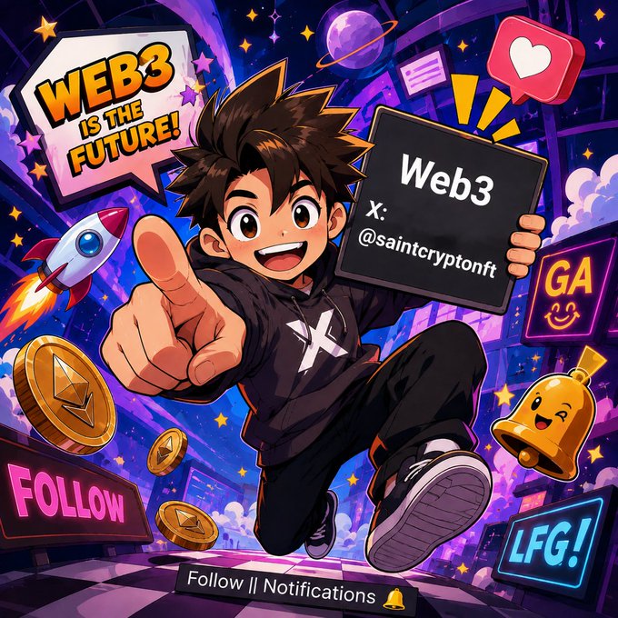 A vibrant Web3 promotional graphic shows an anime-style character holding a sign reading 'Web3 X: @saintcryptonft' surrounded by crypto elements, rockets, and the text 'WEB3 IS THE FUTURE!'.