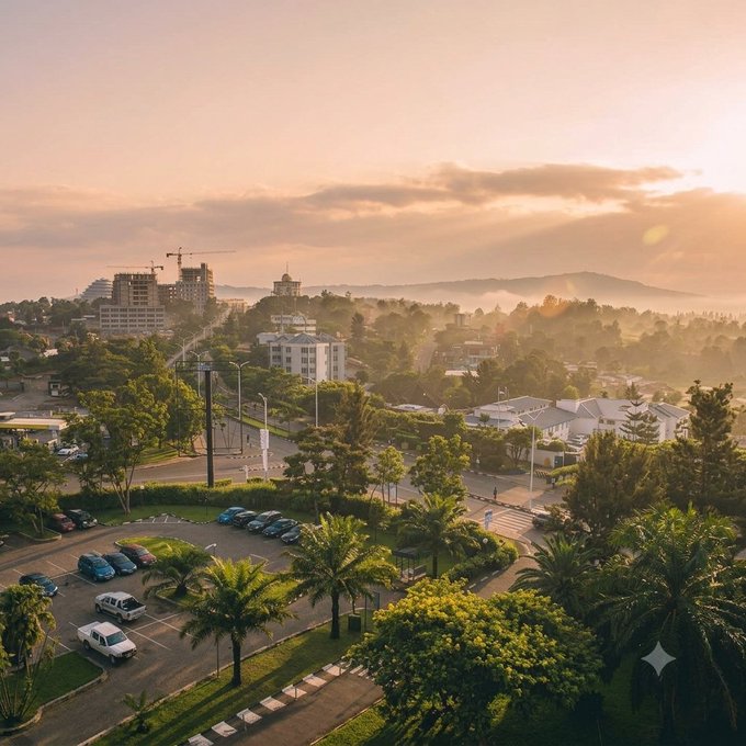 An aerial view captures a city at golden hour with palm trees, a parking lot with cars, buildings under construction, and misty mountains in the distance.