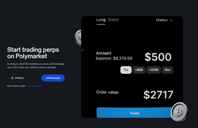 A screenshot of the Polymarket interface for 'Start trading perps on Polymarket' showing a Long position with an order value of $2717, a balance of $8,374.99, and a referral code 'Oddlogic' to activate.