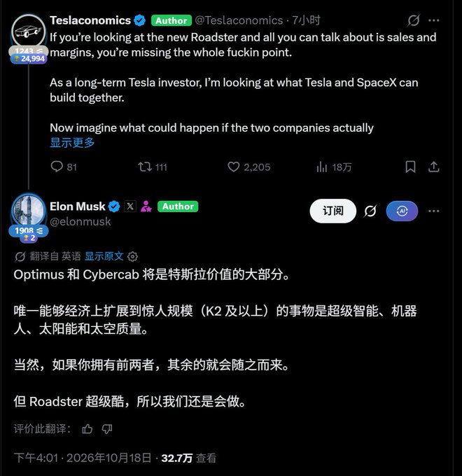 A screenshot of X (Twitter) posts: Teslaconomics argues Tesla and SpaceX synergies are the real story, and Elon Musk replies in Chinese that 'Optimus 和 Cybercab 将是特斯拉价值的大部分' (Optimus and Cybercab will be most of Tesla's value), with the timestamp October 18, 2026.