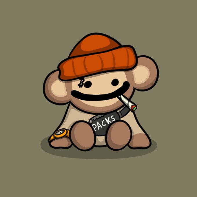 A cartoon illustration of a monkey character wearing an orange beanie, holding a marker and a sign that reads 'PACKS' against an olive green background.