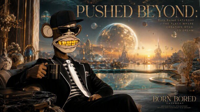 A dapper monkey character in sunglasses, a black suit, and a "BORN BORED" cap holds a tumbler while lounging against a cosmic backdrop of glowing planets and futuristic cities, beneath the text "PUSHED BEYOND" and "Born Bored SATURDAY / IF THE CLOCK WHERE CREATION GOES TO DREAM." The scene's luxurious yet surreal aesthetic mirrors the post's reflective message about cherishing the ordinary Web3 grind, suggesting that the late nights and small wins quietly build toward something extraordinary.