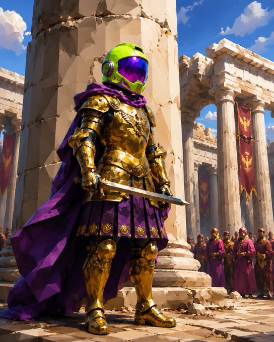 A futuristic armored figure with a glowing green helmet, golden plate armor, and a flowing purple cape stands holding a sword among ancient ruins, while robed figures gather in the background beneath banners. The juxtaposition of sci-fi and classical imagery mirrors the post's theme of blending traditional finance with innovative crypto governance through the $SHIP token and dual-layer maritime infrastructure model.