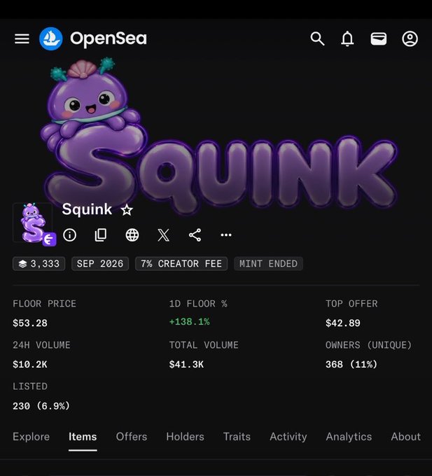 OpenSea NFT collection page for "Squink" showing a floor price of $53.28, 24H volume of $10.2K, total volume of $41.3K, 368 unique owners, and 3,333 supply minted in Sep 2026 with a 7% creator fee.
