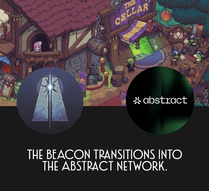 A promotional graphic shows a pixel-art game scene in the background with two circular icons in the foreground—a beacon and the 'abstract' logo—accompanied by text reading 'THE BEACON TRANSITIONS INTO THE ABSTRACT NETWORK.'