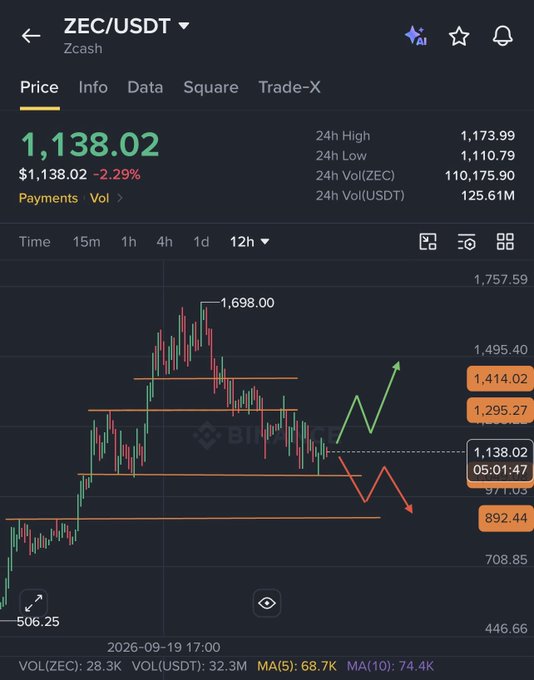 The image is a Binance price chart for ZEC/USDT showing a current price of $1,138.02 (down 2.29%), with a 12-hour candlestick view indicating two possible scenarios marked by drawn arrows—one pointing down toward the $892.44 support level and another pointing up toward the $1,295.27–$1,414.02 resistance zone. The chart visually illustrates the post's question of whether ZEC will dump to ~$900 or pump back to ~$1400, aligning with the red and green arrows shown on the price action.