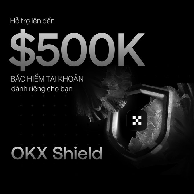 A black promotional advertisement for OKX Shield in Vietnamese, offering up to $500K in account insurance (Hỗ trợ lên đến $500K - Bảo hiểm tài khoản dành riêng cho bạn) with a shield graphic.