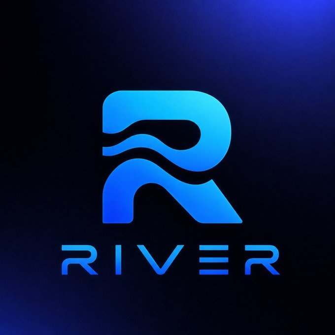 A blue gradient logo featuring a stylized 'R' with wave-like cutouts above the word 'RIVER' on a dark blue background.