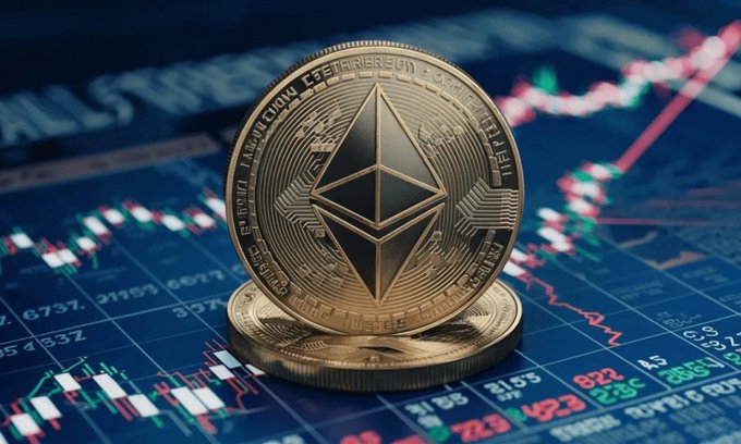 The image features a golden coin with an ether symbol, sitting atop a blue screen displaying a cryptocurrency graph. The coin appears to be worth eth, as indicated by the text present in the image. It seems that the value of this particular crypto has taken a significant dip and is now at a low point. Additionally, there are several ETH coins in the image, with some appearing more valuable than others based on their position relative to the graph. This indicates that investors might be looking for ways to profit from the current market situation or trying to identify undervalued assets within the cryptocurrency space.