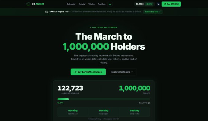 The image shows the landing page for $ANSEM on Solana, featuring "The March to 1,000,000 Holders" campaign with a current holder count of 122,723 (12.27% toward the 1,000,000 target), highlighting the site's key features like live holder tracking, whale tracking, and on-chain activity monitoring that align with the post's announcement of goansem.site as the new hub for the memecoin movement.