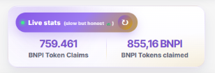 Cryptocurrency claim statistics dashboard displaying 'Live stats' with 759,461 BNPi Token Claims and 855.16 BNPi Tokens claimed.