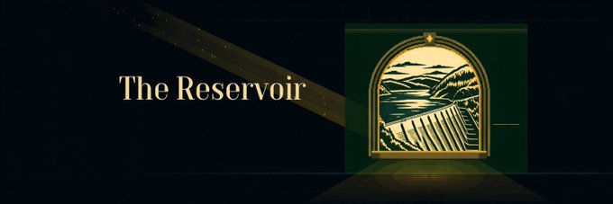 The image displays the title "The Reservoir" in elegant gold lettering alongside an arched illustration of a dam and reservoir landscape, which visually reinforces the project's name. The dark green and gold color scheme, combined with the arched doorway design framing the scene, gives the promotional graphic a sophisticated, gallery-like appearance suitable for announcing the Freemint with a 3333 supply.