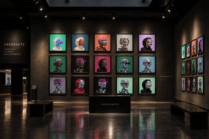 A dark art gallery called 'ARGONAUTS' displaying colorful pixel-art portraits on illuminated frames, with the tagline 'I AM SUIUS ONE MUST ONCHAIN FOREVER.'
