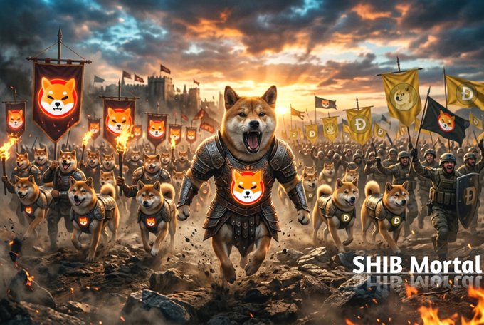 This captivating image features a cartoon dog in medieval knight armor, surrounded by a multitude of similar dogs also dressed in soldier gear, charging forward with determination. "SHIB" could refer to the name of a coin or cryptocurrency, suggesting that this image is representing a rallying call or a metaphorical army of supporters for that digital currency, presented in a playful yet assertive manner. The text in the image, "SHIB Mortal," coupled with the energy of the scene, underlines the community's passion and the competitive spirit of the cryptocurrency market, particularly among Dogecoin ($DOGE) and Shiba Inu ($SHIB) enthusiasts.